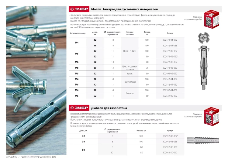 ЗУБР МОЛЛИ, М5 х 52 х 11 мм, 80 шт, анкер для пустотелых конструкций (302472-05-052) купить в Нижневартовске