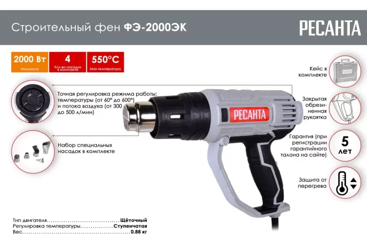 Строительный фен Ресанта ФЭ-2000ЭК 75/2/2 купить в Нижневартовске