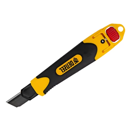 Нож Denzel, 18 мм, сменное лезвие, SK4, корпус из ABS + TPR, торцевой зажим, 78903 купить в Нижневартовске