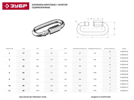 Карабин ЗУБР "МАСТЕР" винтовой с муфтой, оцинкованный, 6мм, 30 шт 4-304535-06 купить в Нижневартовске