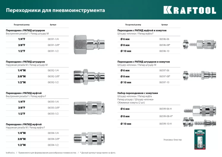 Набор переходников KRAFTOOL елочка - рапид штуцер  +  рапид муфта - елочка 06599-08-H купить в Нижневартовске