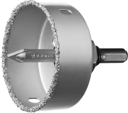 Коронка-чашка ЗУБР "ПРОФЕССИОНАЛ" c карбид-вольфрамовым нанесением, 76 мм, высота 25 мм, в сборе с державкой и сверлом 33360-076_z01 купить в Нижневартовске