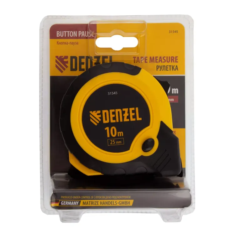Рулетка Denzel 10м х 25мм, двухкомп. корпус, кнопка-пауза 31545 купить в Нижневартовске