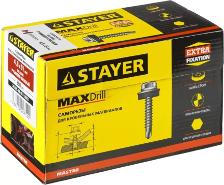 Саморезы СКД кровельные, RAL 3003 рубиново-красный, 51 х 4.8 мм, 250 шт, для деревянной обрешетки, STAYER 30305-48-051-3003 купить в Нижневартовске