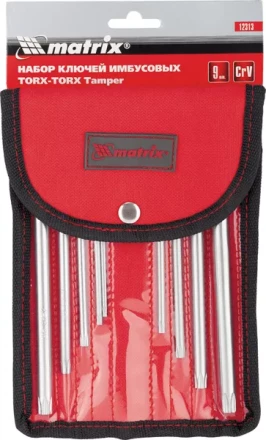 Набор ключей шестигранных имбусовых TORX-TORX Tamper, 9 шт:T10-T50, CrV,  удлиненные, сатин., чехол  MATRIX 12313 купить в Нижневартовске