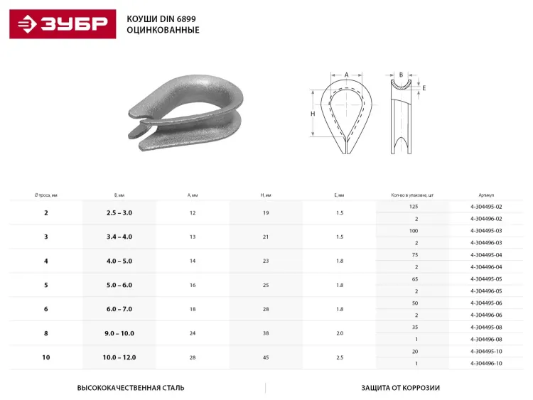 Коуш ЗУБР DIN 6899, оцинкованный, 6мм, 2 шт 4-304496-06 купить в Нижневартовске
