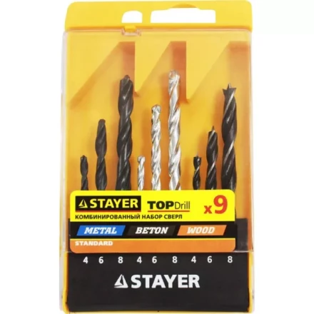 Набор STAYER "STANDARD": Сверла комбинированные, дерево (4-6-8мм), металл (4-6-8мм), бетон (4-6-8мм), 9 предметов 29720-H9 купить в Нижневартовске