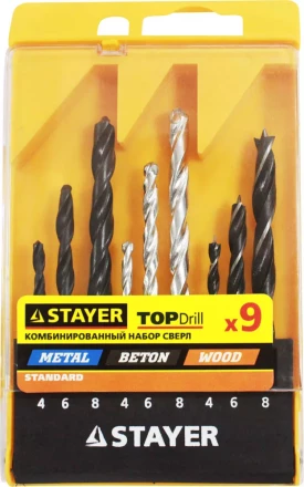 Набор STAYER "STANDARD": Сверла комбинированные, дерево (4-6-8мм), металл (4-6-8мм), бетон (4-6-8мм), 9 предметов 29720-H9 купить в Нижневартовске