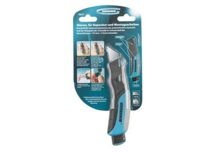 Нож ремонтно-монтажный, трехкомпонентная рукоятка, кнопочный авто выброс/возврат лезвия, 175 мм + 5 з.л GROSS 78879 купить в Нижневартовске