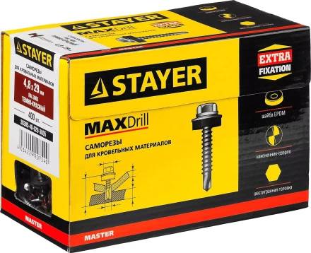 Саморезы СКД кровельные, RAL 3005 темно-красный, 29 x 4.8 мм, 400 шт, для деревянной обрешетки, STAYER 30305-48-029-3005 купить в Нижневартовске