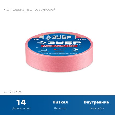 ЗУБР №200 24 мм х 25 м, для деликатных и недавно окрашенных поверхностей, малярная лента, Профессионал (12142-24) купить в Нижневартовске