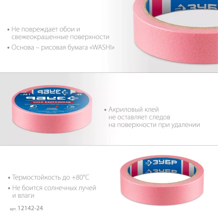 ЗУБР №200 24 мм х 25 м, для деликатных и недавно окрашенных поверхностей, малярная лента, Профессионал (12142-24) купить в Нижневартовске