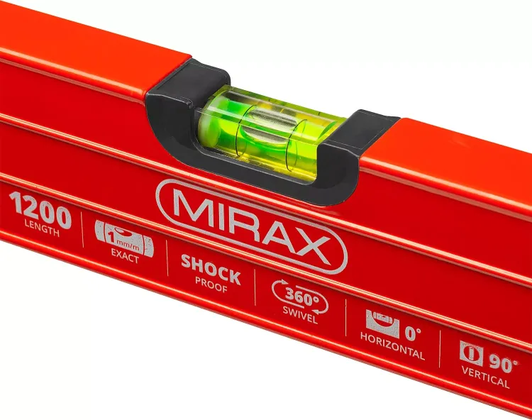 Уровень коробчатый усиленный MIRAX, утолщенный профиль, 3 противоударных ампулы (1 поворотная на 360 град), с ручками, 120 см 34603-120 купить в Нижневартовске