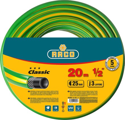 Шланг RACO CLASSIC поливочный, 25атм., армированный, 3-х слойный, 1/2&quot;х20м 40306-1/2-20_z01 купить в Нижневартовске