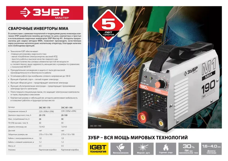 Сварочный инвертор ММА ЗАС-М1-170 серия МАСТЕР купить в Нижневартовске