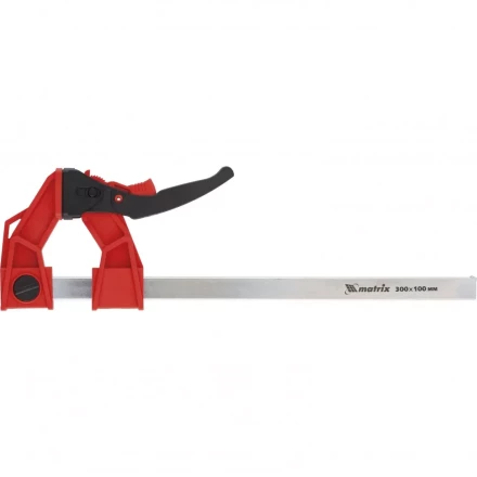 Струбцина реечная быстрозажимная усиленная пластиковый корпус рычажно-храповой механизм 300 х 100 х 456 мм штанга 5 х 22 мм Matrix 20728 купить в Нижневартовске