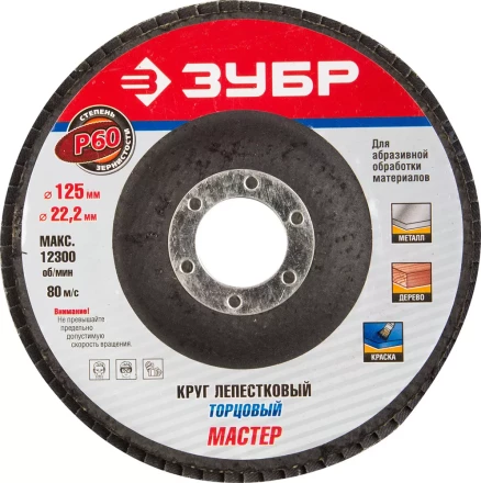 Круг шлифовальный ЗУБР "ЭКСПЕРТ" лепестковый торцевой, тип КЛТ 1, зерно-электрокорунд нормальный, P60, 125х22,2мм 36591-125-60 купить в Нижневартовске