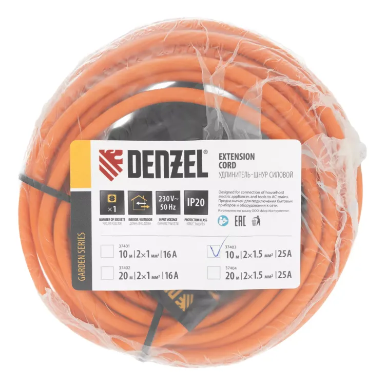 Удлинитель-шнур силовой Denzel Garden Series, б/з, ПВС, 10м, 1 розетка, 2 x 1,5 мм, 3 м 37403 купить в Нижневартовске