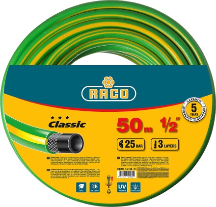 Шланг RACO CLASSIC поливочный, 25атм., армированный, 3-х слойный, 1/2&quot;х50м 40306-1/2-50_z01 купить в Нижневартовске