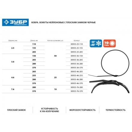 Кабельные стяжки черные КОБРА, с плоским замком, 3.6 х 205 мм, 50 шт, нейлоновые, ЗУБР 30935-36-205 купить в Нижневартовске