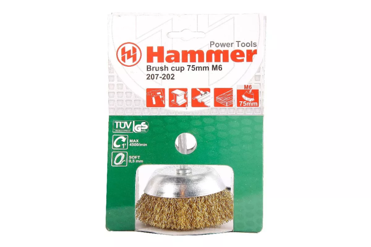Кордщетка HAMMER чаша 75мм для дрели гофрированная латунированная сталь (207-202) купить в Нижневартовске