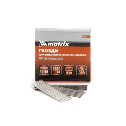 Гвозди 16GA для пневм. нейлера сечение 1,6х1,4 длина 19 мм 2500 шт MATRIX 57601 купить в Нижневартовске