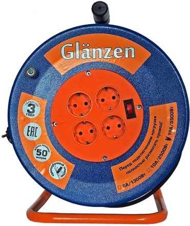 Удлинитель силовой на катушке GLANZEN 4 гн. КГ 3х1,5 ЕВ-50-009 купить в Нижневартовске