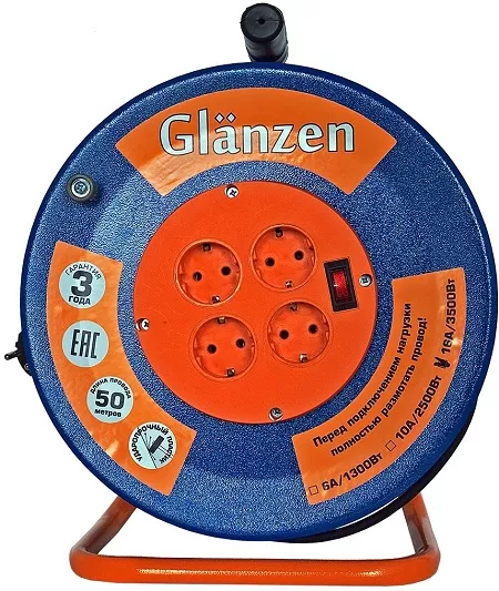 Удлинитель силовой на катушке GLANZEN 4 гн. КГ 3х1,5 ЕВ-50-009 купить в Нижневартовске