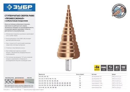 Сверло ЗУБР "КОБАЛЬТ" ступен. по сталям и цвет. мет. ст. Р6М5 с кобальт. покрыт., d=4-20мм, 9ст. d=4-20, L-75мм, 3-хгр.хв.8мм 29672-4-20-9_z01 купить в Нижневартовске