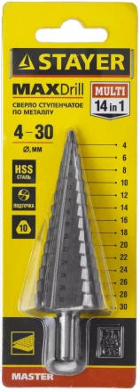 Сверло STAYER "MASTER" ступенчатое по сталям и цвет.мет., сталь HSS, d=4-30мм, 14ступ.d4-30, L-100мм, трехгран. хв.10мм 29660-4-30-14 купить в Нижневартовске