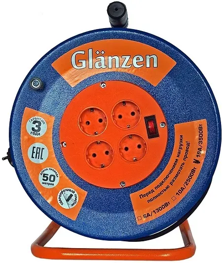 Удлинитель силовой на катушке GLANZEN 4 гн. КГ 3х2,5 ЕВ-50-010 купить в Нижневартовске