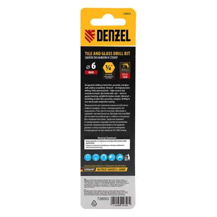 Сверло по керамической плитке 6 мм Denzel, крестовая пластина, шестигранный хвостовик, 728053 купить в Нижневартовске