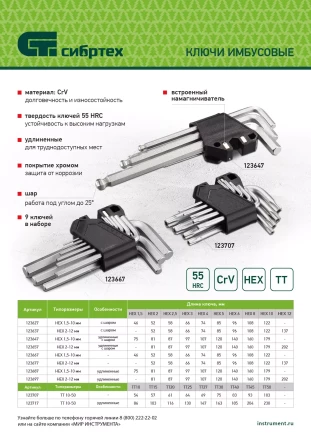 Набор ключей имбусовых Torx-Tempered, TT10-50, CrV, 9 шт., удлиненные Сибртех 123717 купить в Нижневартовске