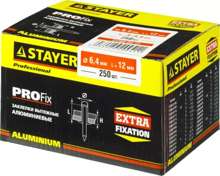 Заклепки PROFIX алюминиевые, 6,4x12мм, 250шт, STAYER Professional 31205-64-12 31205-64-12 купить в Нижневартовске