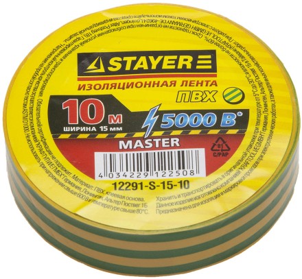 Изолента, STAYER Master 12291-S-15-10, ПВХ, 5000 В, 15мм х 10м, желто-зеленая 12291-S-15-10 купить в Нижневартовске