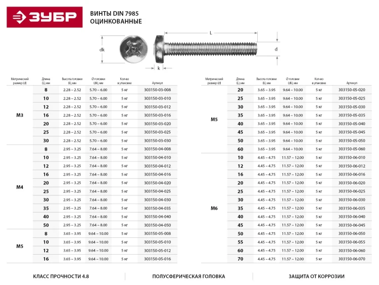 Винт ЗУБР "МАСТЕР" DIN 7985, класс прочности 4.8, оцинкованный, M3x30мм, 5кг 303150-03-030 купить в Нижневартовске