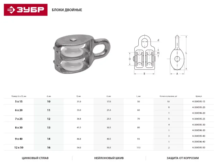 Блок ЗУБР двойной, оцинкованный, нейлоновый шкив, 5x15мм, 10 шт 4-304595-15 купить в Нижневартовске