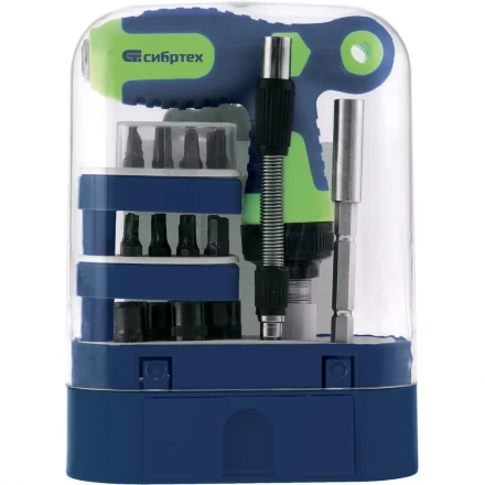 Отвертка Т-образная реверсивная с набором бит торцевых головок 33 предмета CrV Сибртех артикул 13382 купить в Нижневартовске