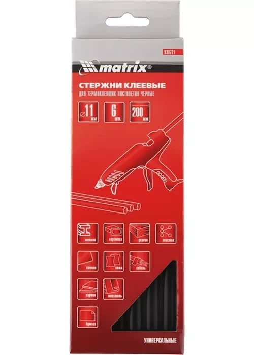 Стержни клеевые, чёрный, 11*200мм, 6 шт./упак. MATRIX 930721 купить в Нижневартовске
