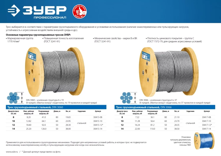 ЗУБР DIN 3060, свивка 6 х 19 + IWR, 10 мм, L 60 м, грузоподъемный стальной трос, Профессионал (30415-10) купить в Нижневартовске