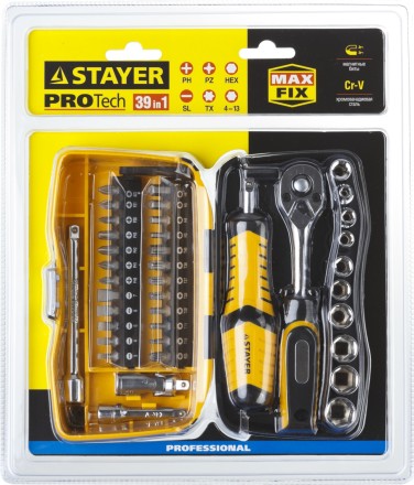 Набор STAYER &quot;PROFESSIONAL&quot;: Биты и торцовые головки с трещеткой и воротком, 39 предметов 25135-H39 купить в Нижневартовске