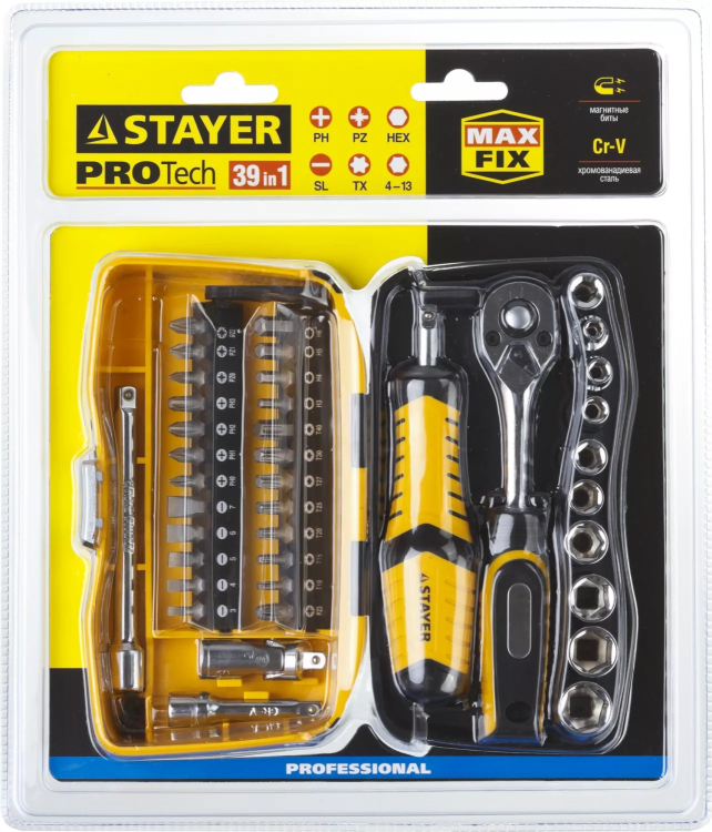 Набор STAYER "PROFESSIONAL": Биты и торцовые головки с трещеткой и воротком, 39 предметов 25135-H39 купить в Нижневартовске