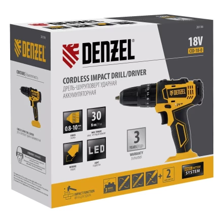 Дрель-шуруповерт аккумуляторная ударная Denzel CID-18-0, Li-Ion, 18 В 26136 купить в Нижневартовске