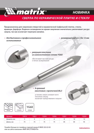 Сверло по керамической плитке и стеклу, 8 мм, шестигранный хвостовик Matrix 72837 купить в Нижневартовске