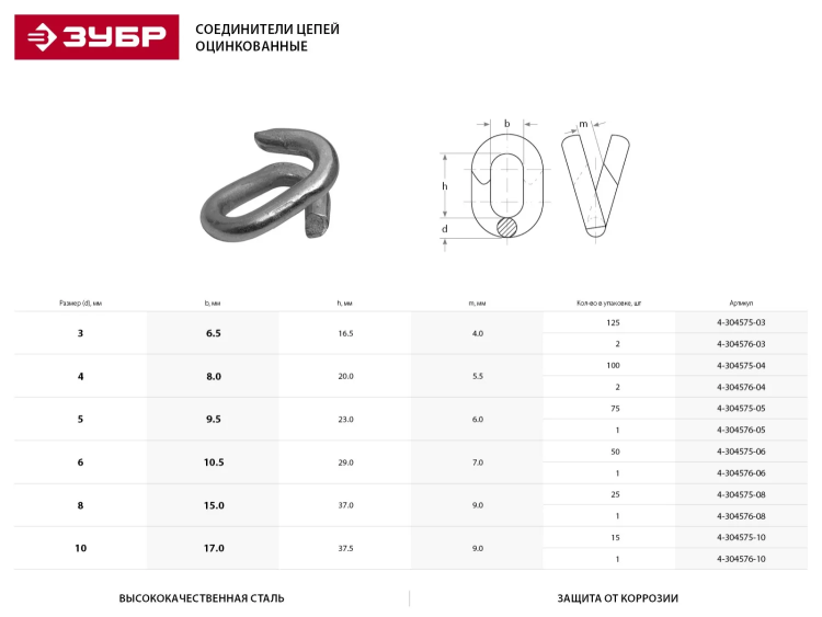 Соединитель цепей ЗУБР, оцинкованный, 8мм, 1 шт 4-304576-08 купить в Нижневартовске