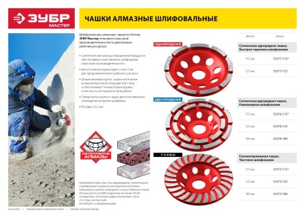 Чашка алмазная шлифовальная по бетону ЗУБР &quot;МАСТЕР&quot; сегментированная, 180мм 33375-180 купить в Нижневартовске