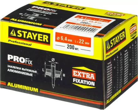 Заклепки PROFIX алюминиевые, 6,4х22мм, 200шт, STAYER Professional 31205-64-22 31205-64-22 купить в Нижневартовске