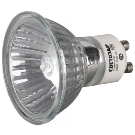 Лампа галогенная СВЕТОЗАР с защитным стеклом, алюм. отражатель, цоколь GU10, диаметр 51мм, 75Вт, 220В SV-44827 купить в Нижневартовске