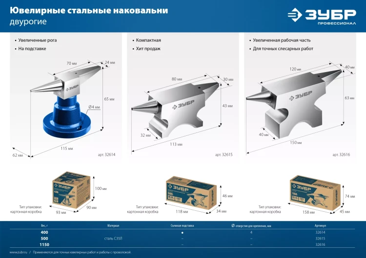 ЗУБР 400 г настольная, ювелирная стальная наковальня, Профессионал (32614) купить в Нижневартовске