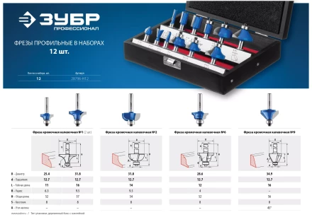 ЗУБР 12 шт, набор профильных фрез по дереву, Профессионал (28796-H12) купить в Нижневартовске